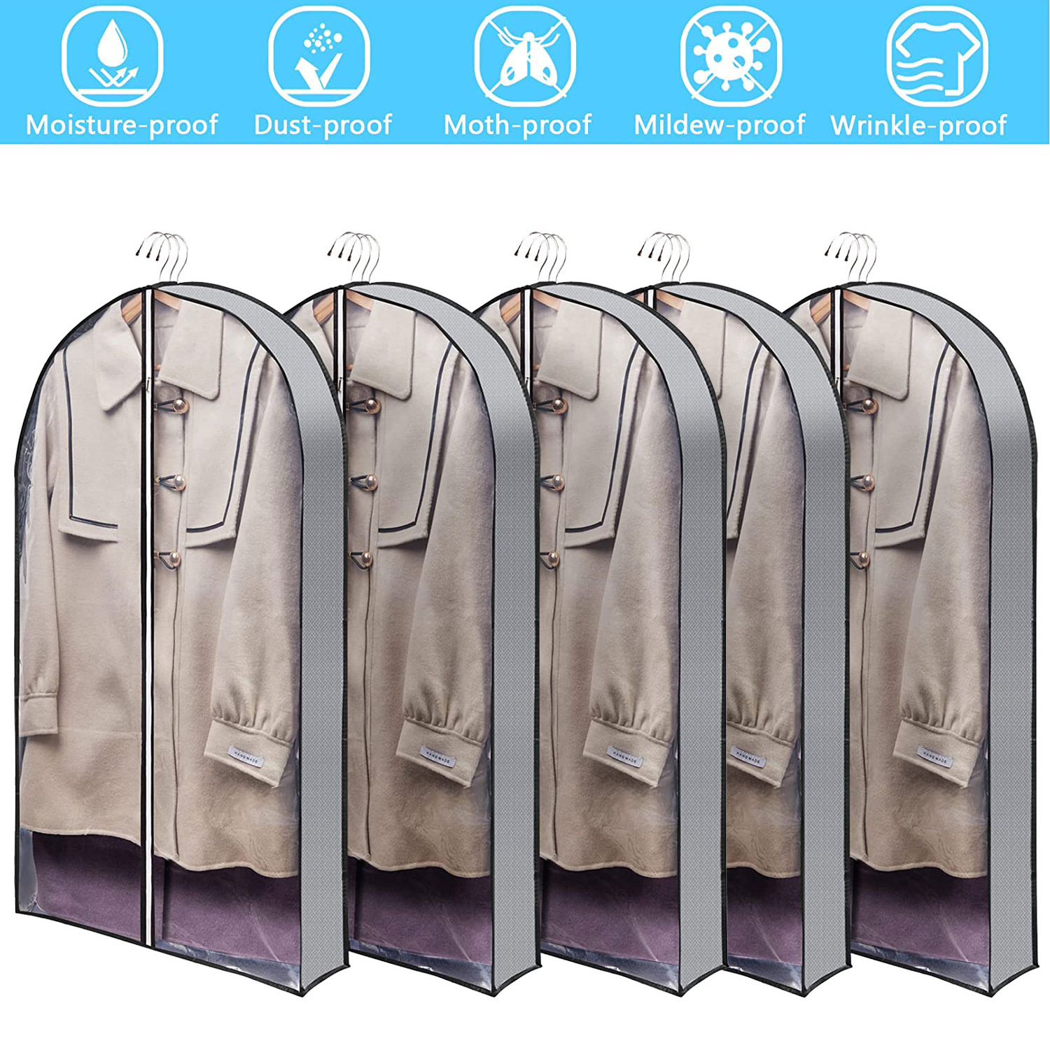 Grey Garment Bags For Hanging Clothes Clear Moth Proof Plastic