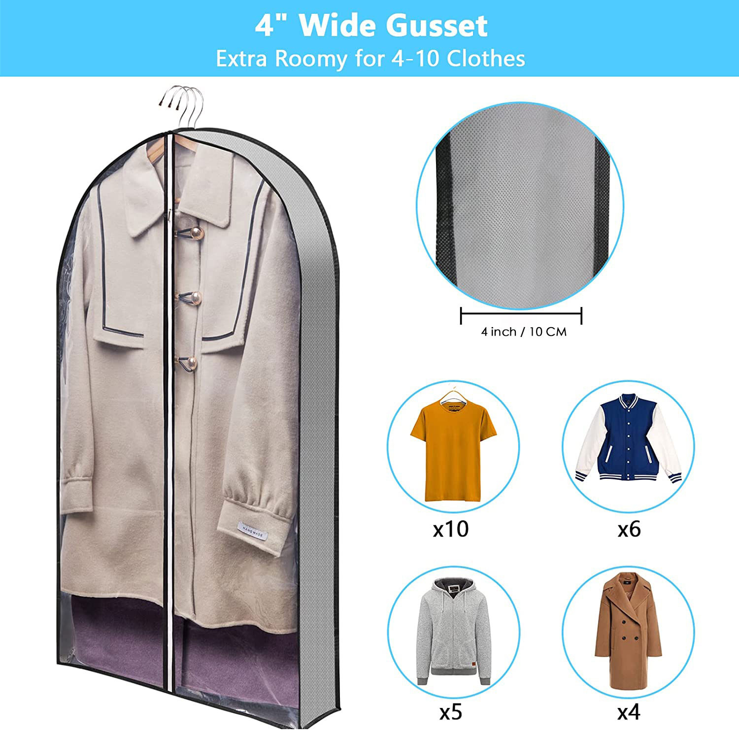 40 Garment Bags, Clear Moth Proof Suits Covers with 4 Gussetes, for  Hanging Clothes Closet Storage Travel, Plastic Protector for Coat, Jacket