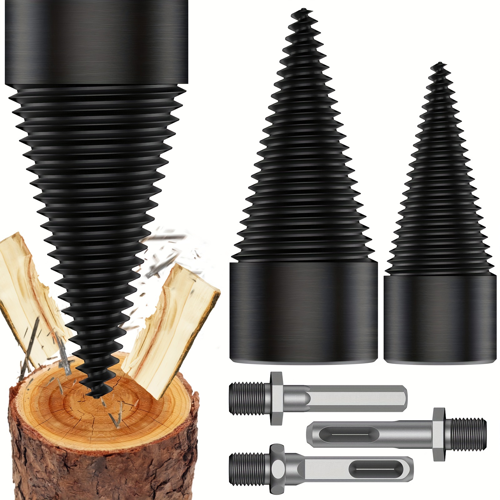 Foret pour diviseur de bûches de bois de chauffage, 3 cônes amovibles,  mèches de fendage de bois, perceuses électriques robustes, tournevis  hexagonal + carré + rond 32 mm. 