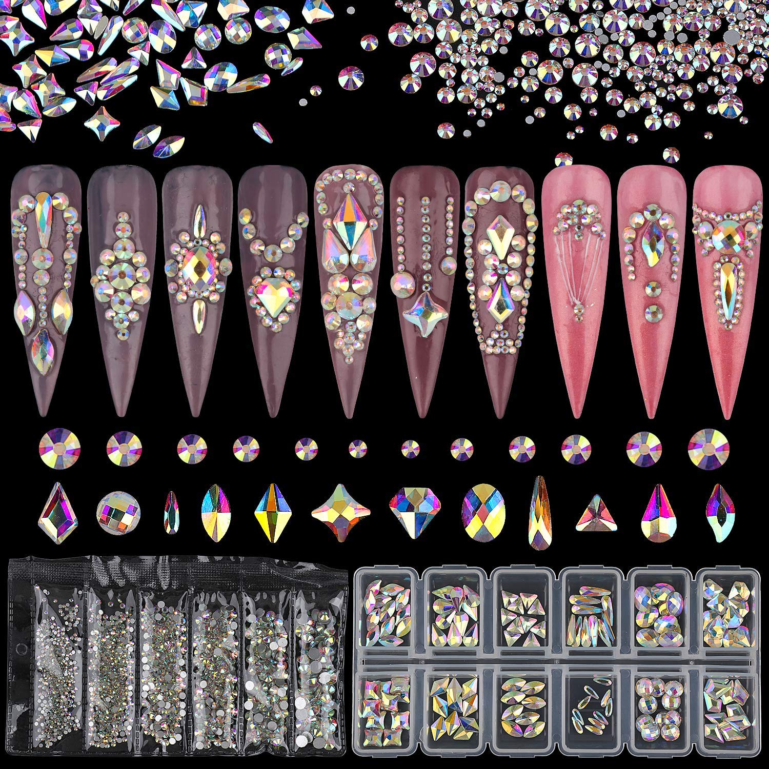  48pcs Nail Crystal AB Rhinestones, Nail Diamonds Glass