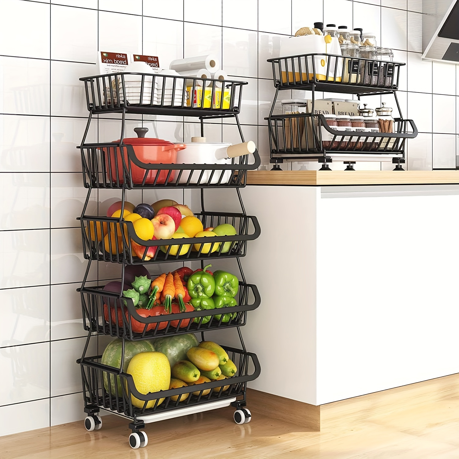 Carrito rodante de 4 niveles, cesta apilable de frutas y verduras con  ruedas y 2 cestas colgantes, cesta de alambre de metal para almacenamiento  de
