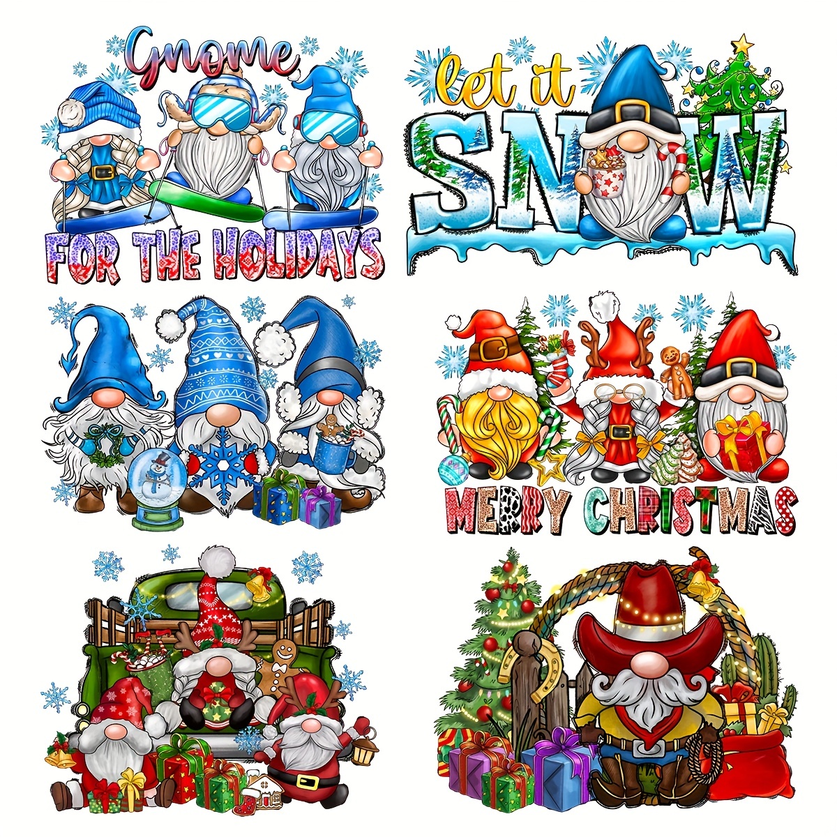  6 Sheets Heat Transfer Sticker for Clothing Four Seasons  Independence Day Halloween Christmas Gnomes Series Iron On Decals Design A- Level Washable Patches