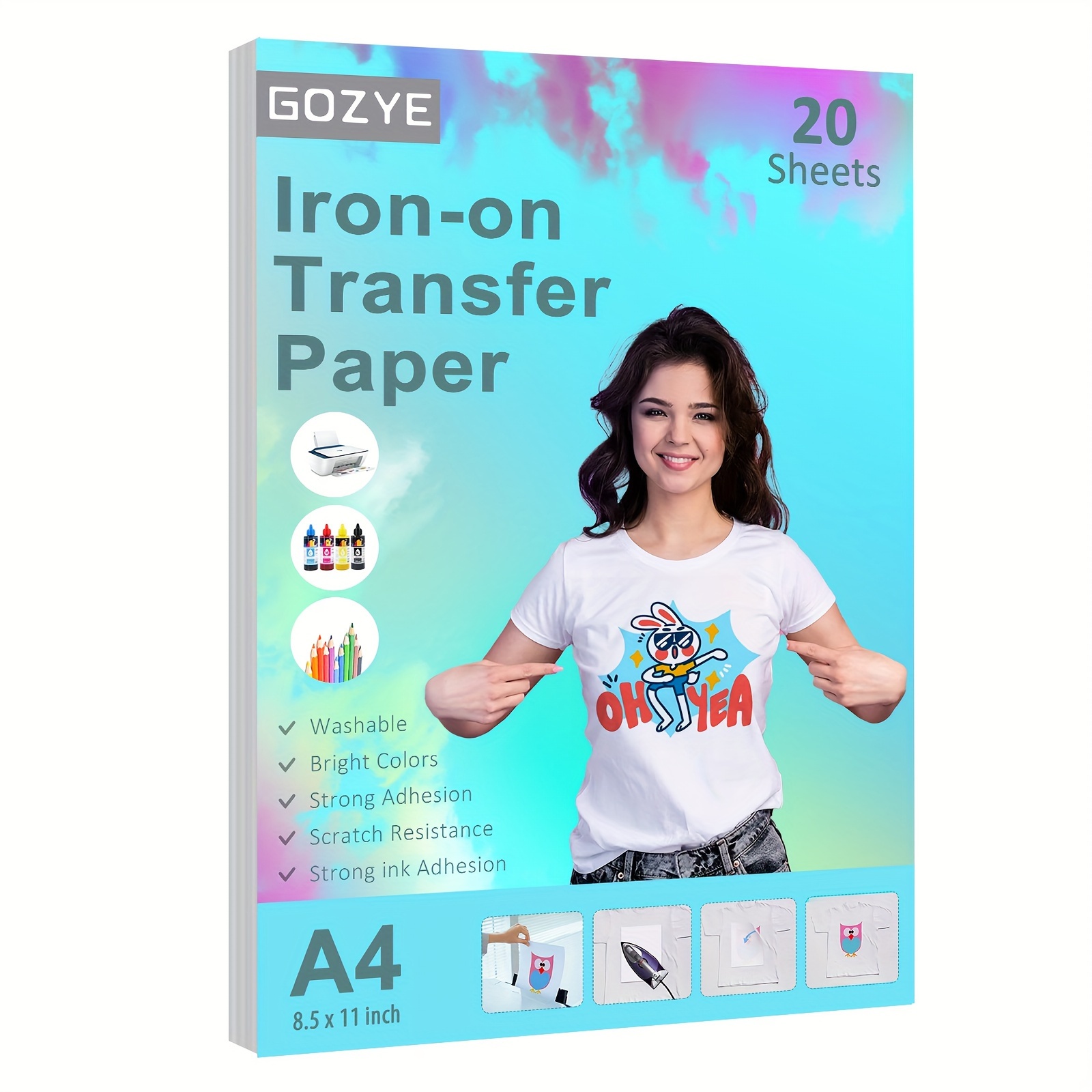 TransOurDream Iron on Heat Transfer Paper for Laser & Inkjet Printer, 8.5x11 inch, 20 Sheets for Light & White T-Shirts, Size: 8.5 x 11