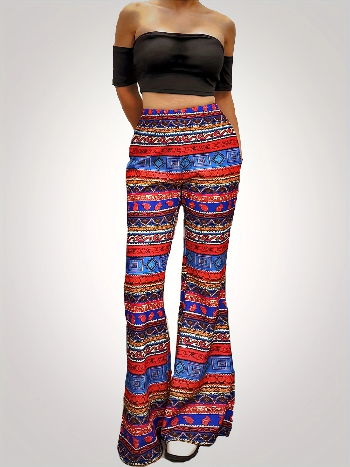 Print Boho Flare Pants Women Fashion Loose Long Pant Tribal African Print  Wide Leg Trousers Bell