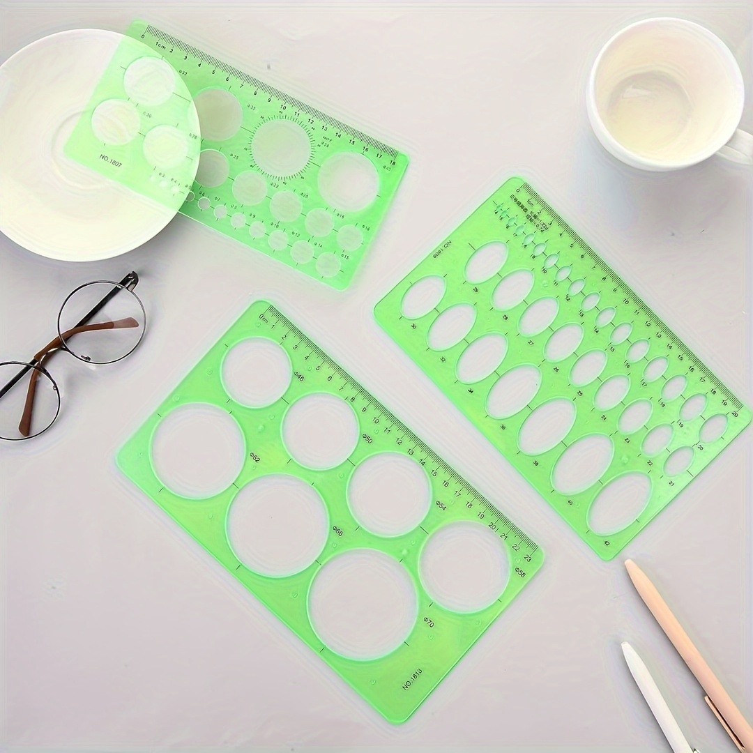 Plantilla circular y ovalada, paquete de 4 plantillas de medición de  plástico verde transparente, regla geométrica para oficina y escuela,  encofrados