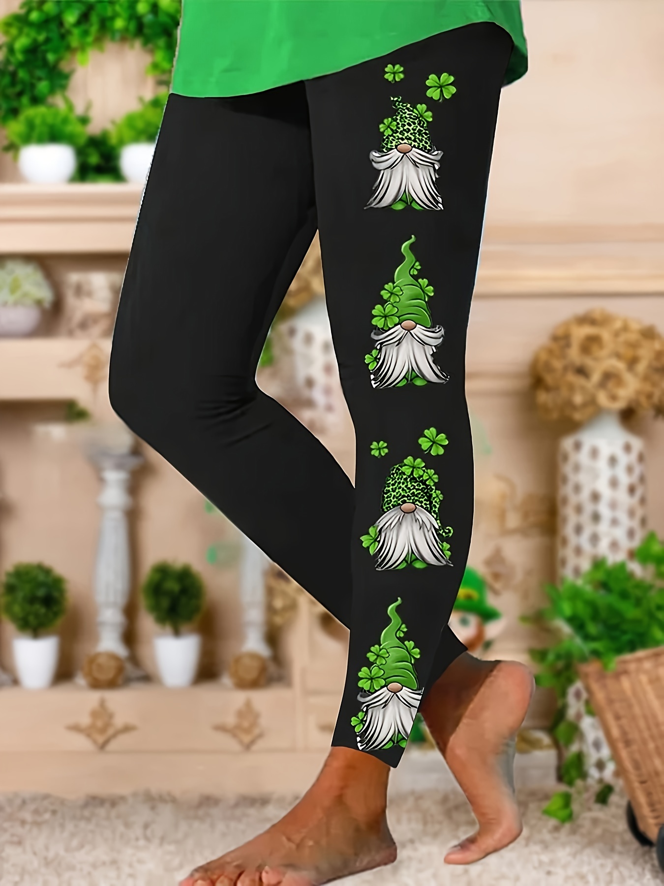 Christmas Gnome Print Skinny Leggings Casual Elastic Waist - Temu