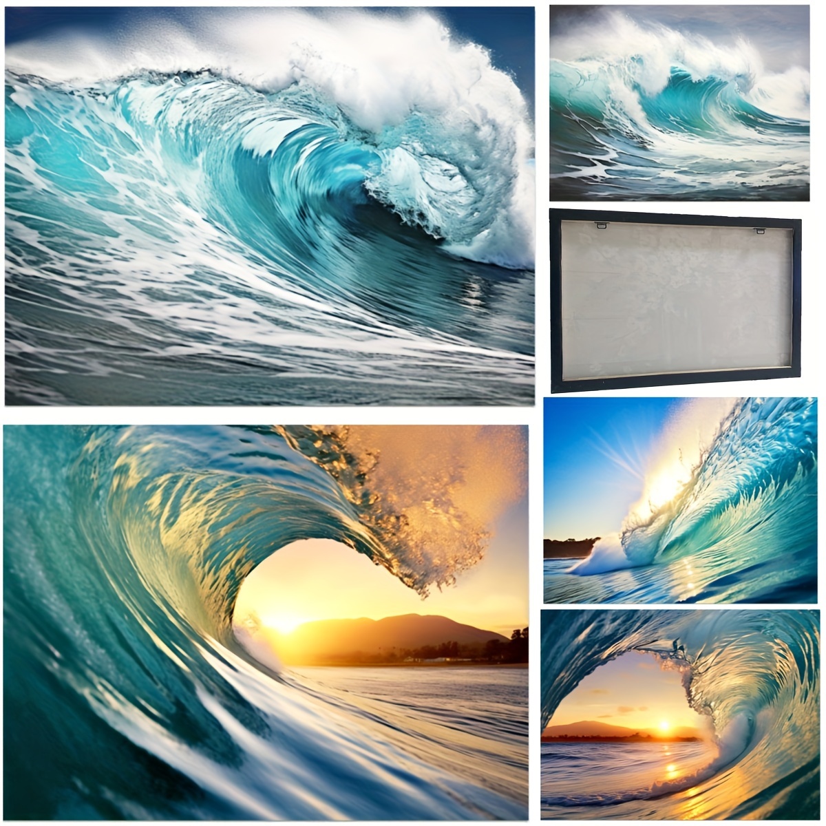 4Pcs 12x12 Canvas Wood Stretched Blue Ocean Wave Surfing Sea Sunset  Motivational Theme Frame Landscape Abstract Modern Art For Home Room Office  Wall