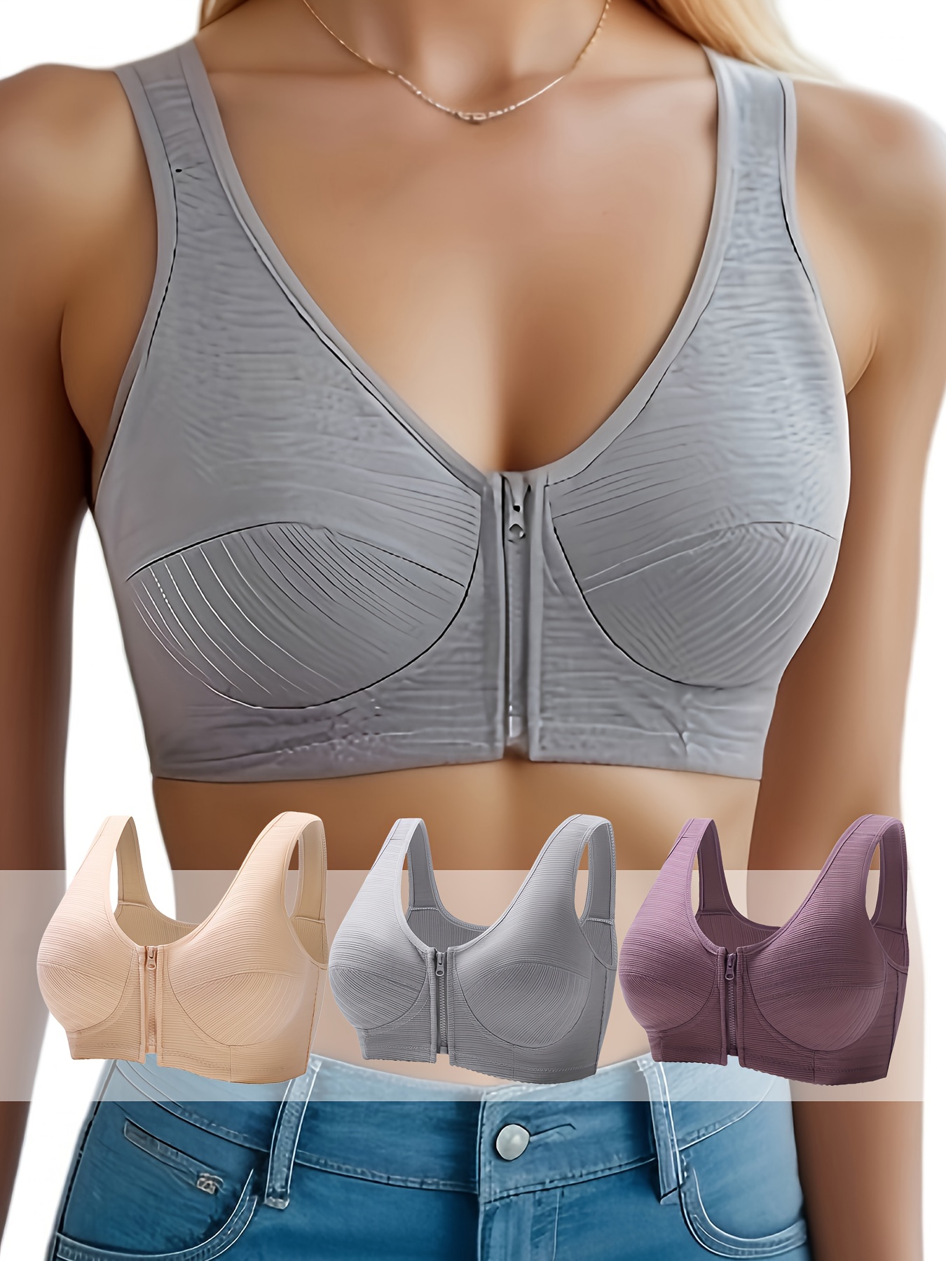 3 Pack Women's Front Closure Posture Bra Full Coverage Back Support  Wireless Comfy Unpadded