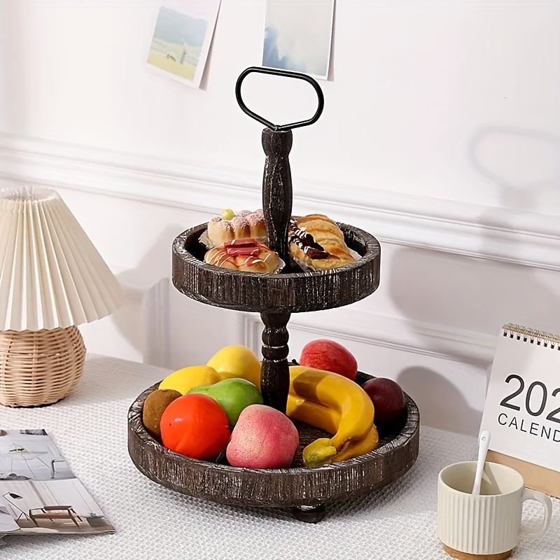  Bandeja decorativa redonda de ratán con madera natural, bandejas  de tocador, cestas de frutas, bandeja pequeña para servir (13 pulgadas) :  Hogar y Cocina