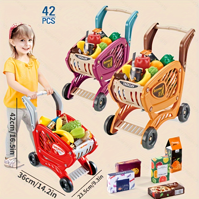 Niños carro de compra Juguete , carro de compra alimento compras carretilla  Cesta de plástico supermercado para Niños Juguete comercio cocina jugar  Juguete Educativo rosado, Moda de Mujer