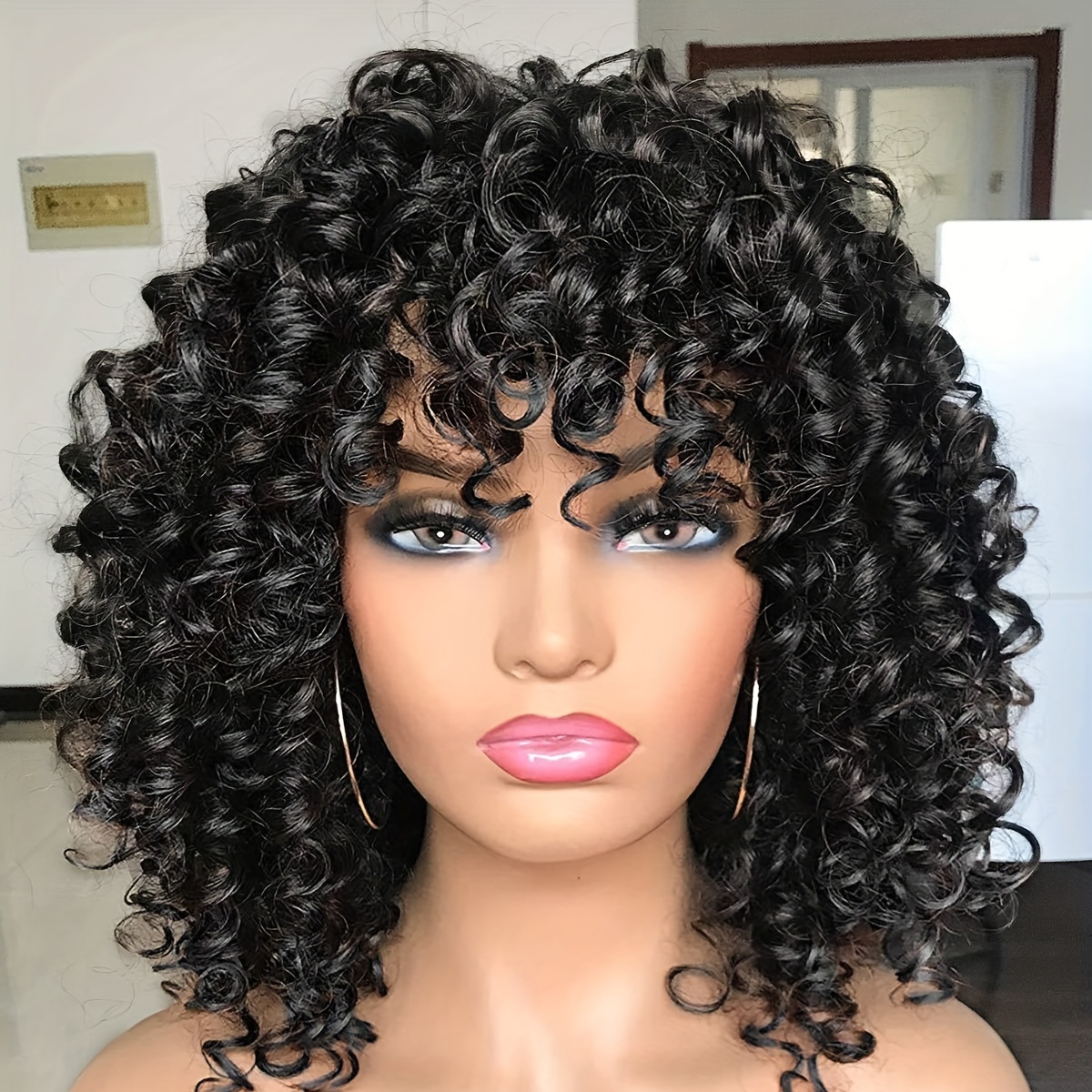 Temu Elegant Cosplay Accessories Set, Unique Color Block Black & White Short Curly Wig, Curly Human Hair Wigs Set, & Gloves & Sexy Eye Mask & Necklace 