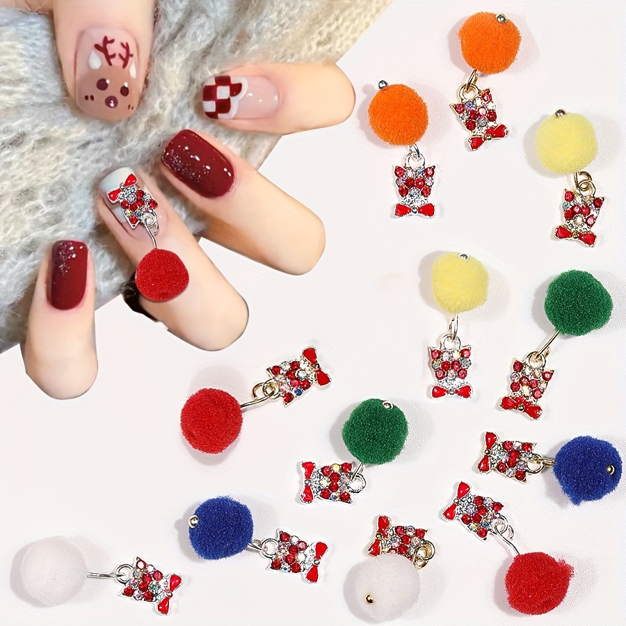Red Green Pompoms Plush Nail Charms Detachable Magnet Fluffy - Temu