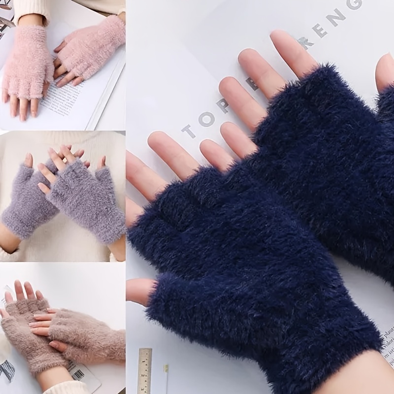 Guantes Piel Conejo Imitación Color Sólido Mitones Sin Dedos - Temu