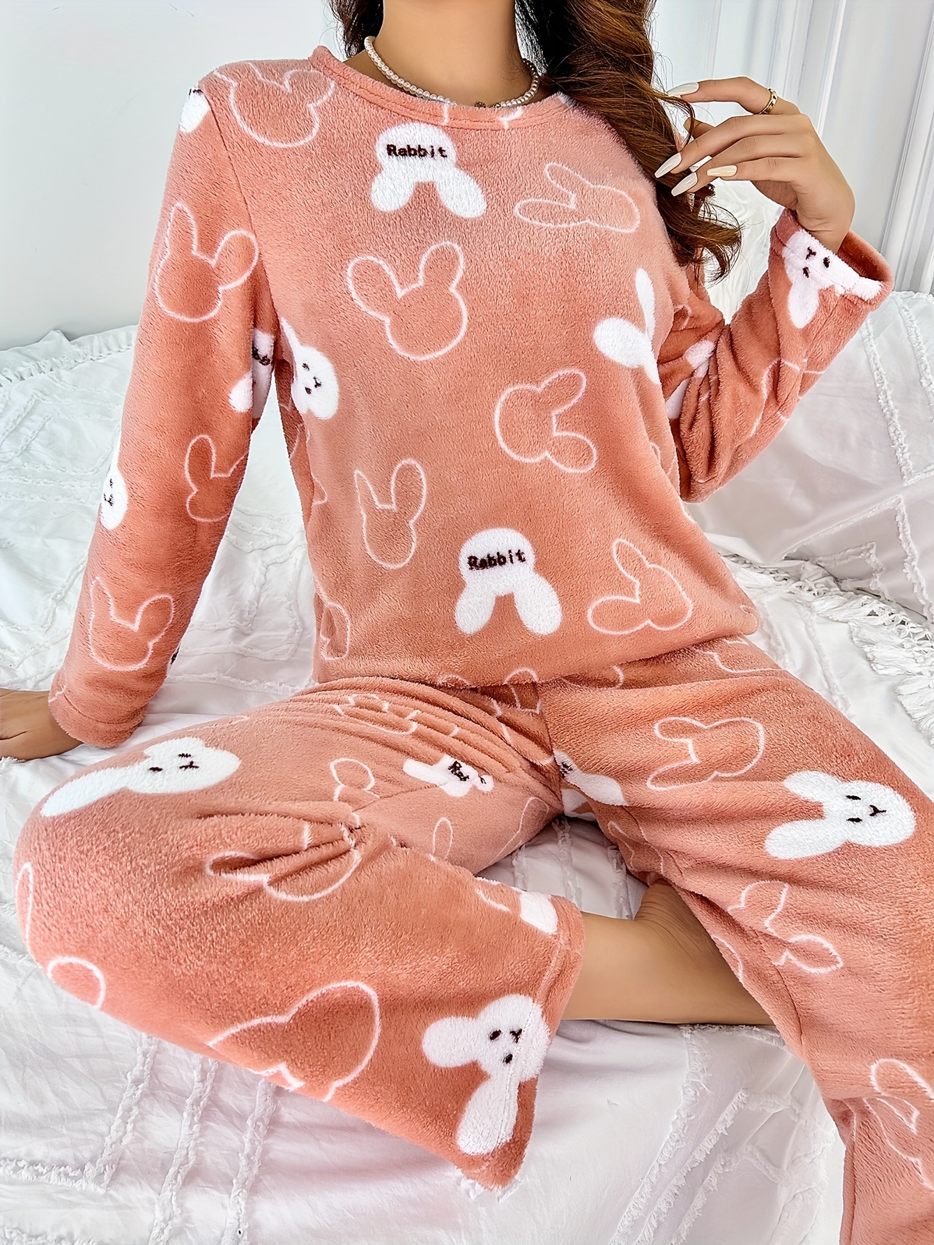 Heart Print Fuzzy Pajama Set For Music Festival, Long Sleeve Crew Neck Top  & Elastic Waistband Pants, Women's Sleepwear & Loungewear