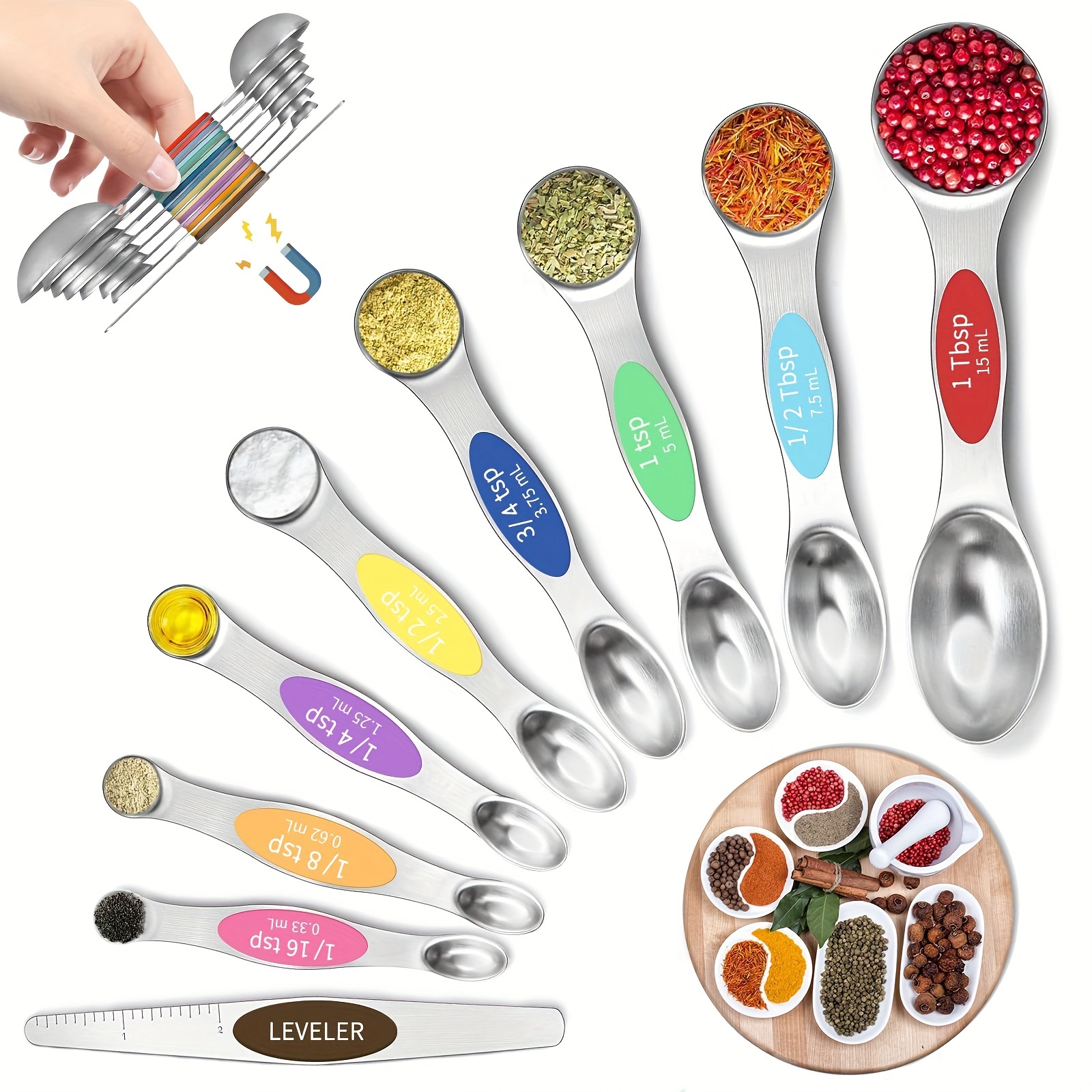 9pack Magnetic Measuring Spoon Set Stainless Steel Measuring Spoons Stackable Double-Sided Teaspoons Metal Accurate Measuring Spoons for Home Kitchen