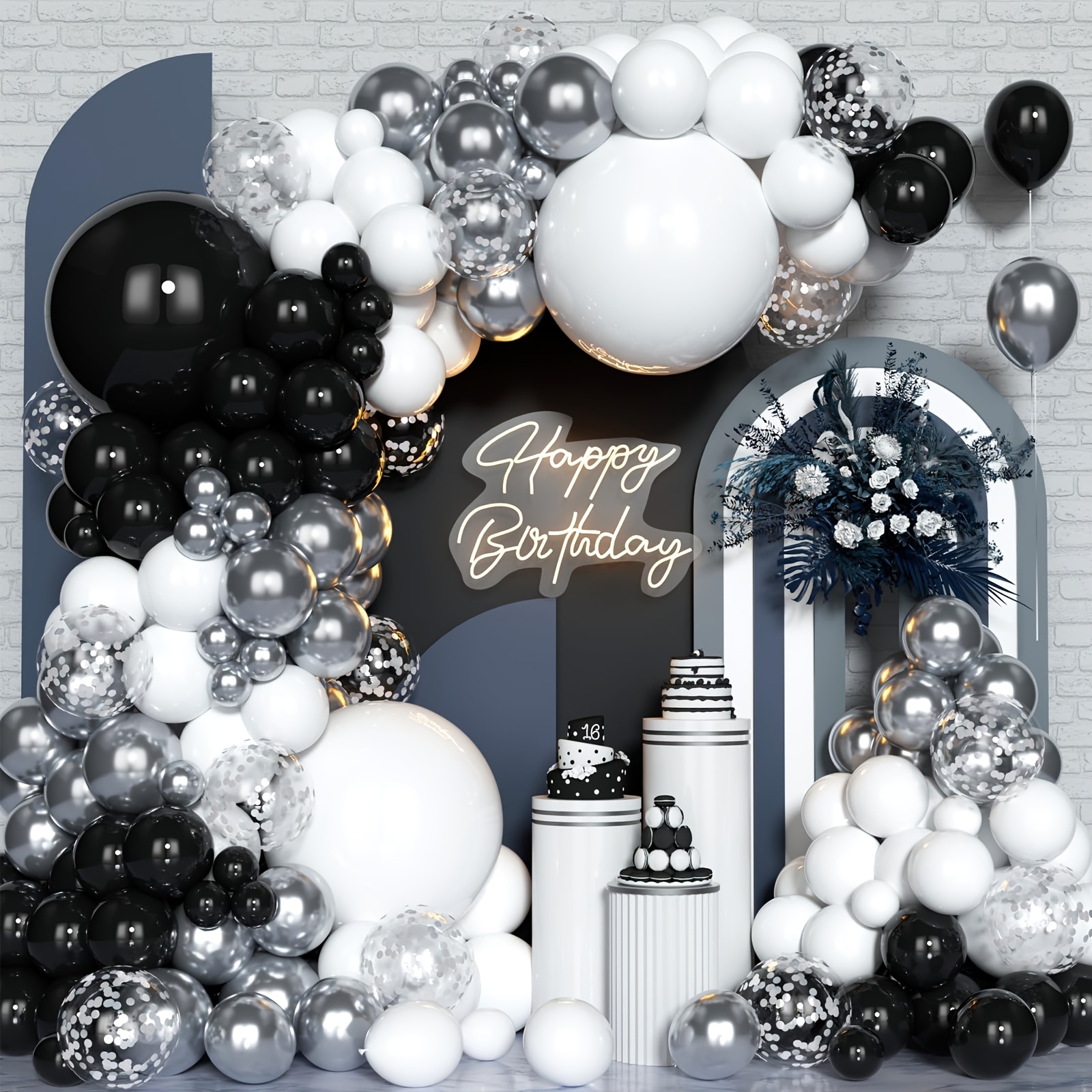 Decoraciones de cumpleaños en blanco y negro para hombres, mujeres, niños y  niñas, 94 piezas de globos negros y plateados, kit de guirnalda de arco de