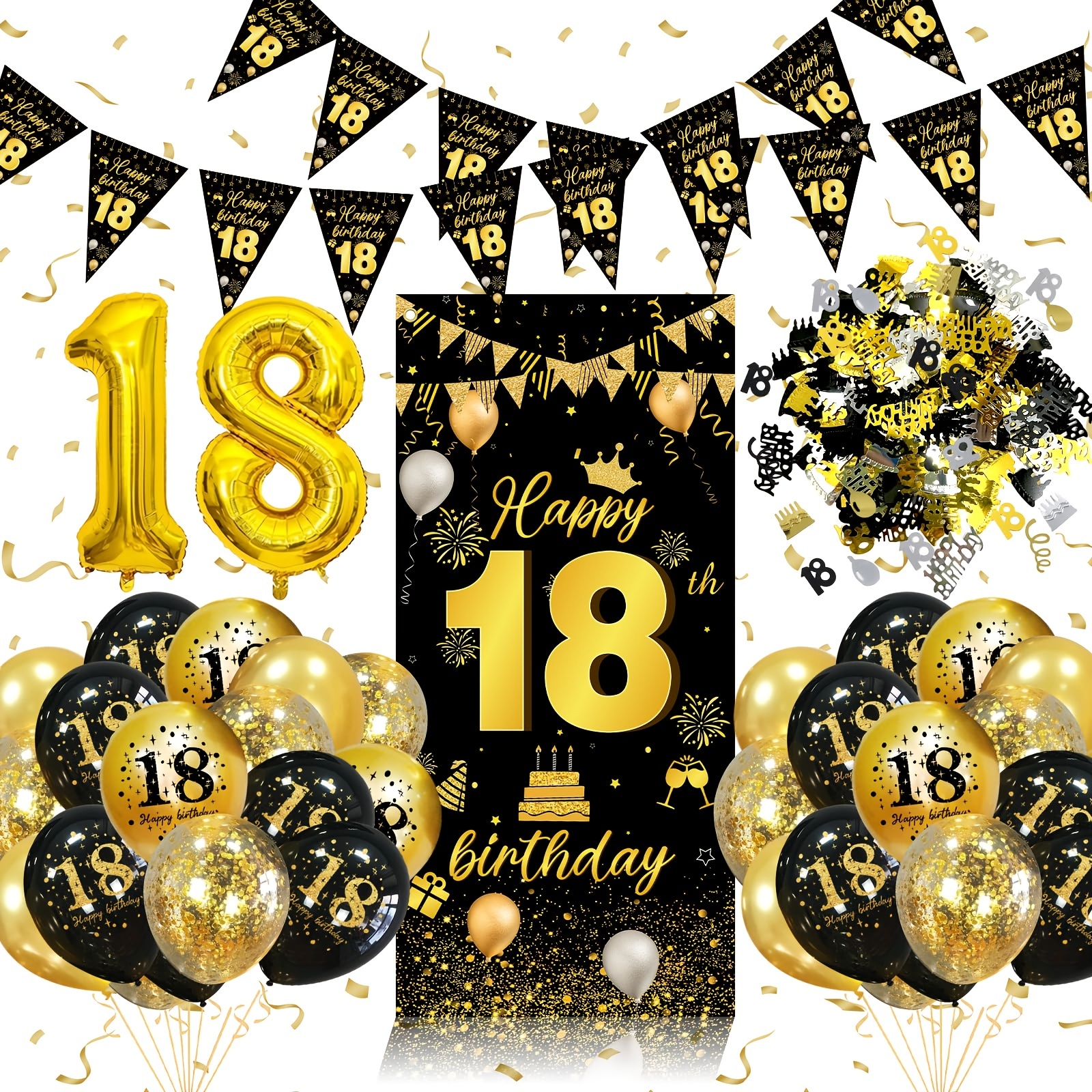 Celebración del aniversario de 18 años con marco dorado y brillo dorado  sobre fondo negro. diseño