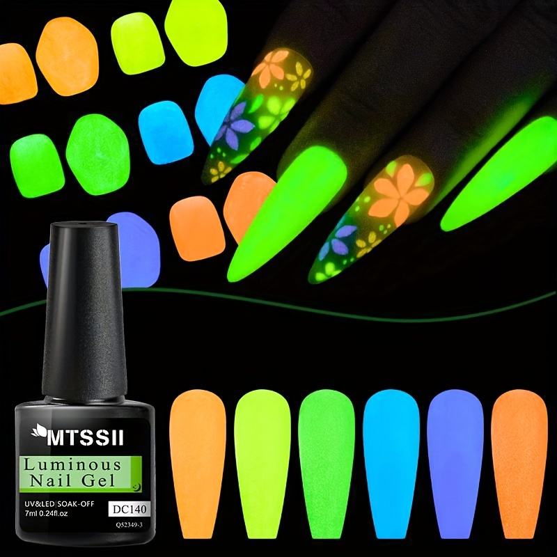 MTSSII Glow in the Dark Gel Nail Polish, 6 Colors Neon Luminous Gel Polish  Set, Fluorescent Bright Colors Hot Pink Neon Yellow Green Blue Orange