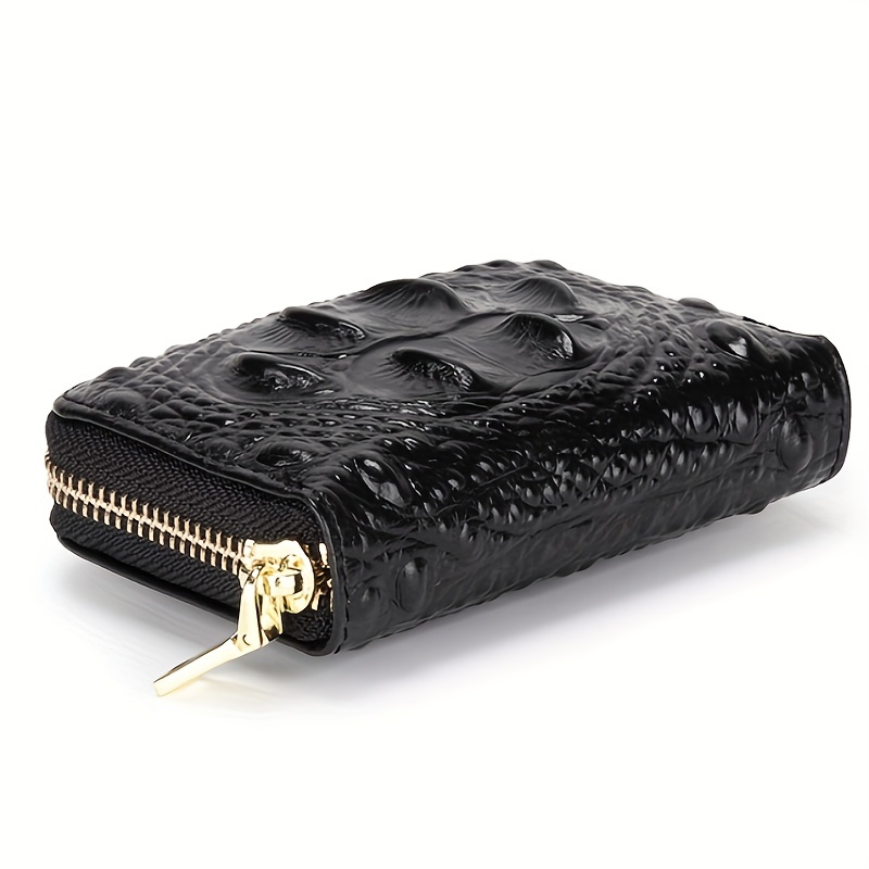 ZIPPED CARD HOLDER IN CROCODILE EMBOSSED CALFSKIN - BLACK