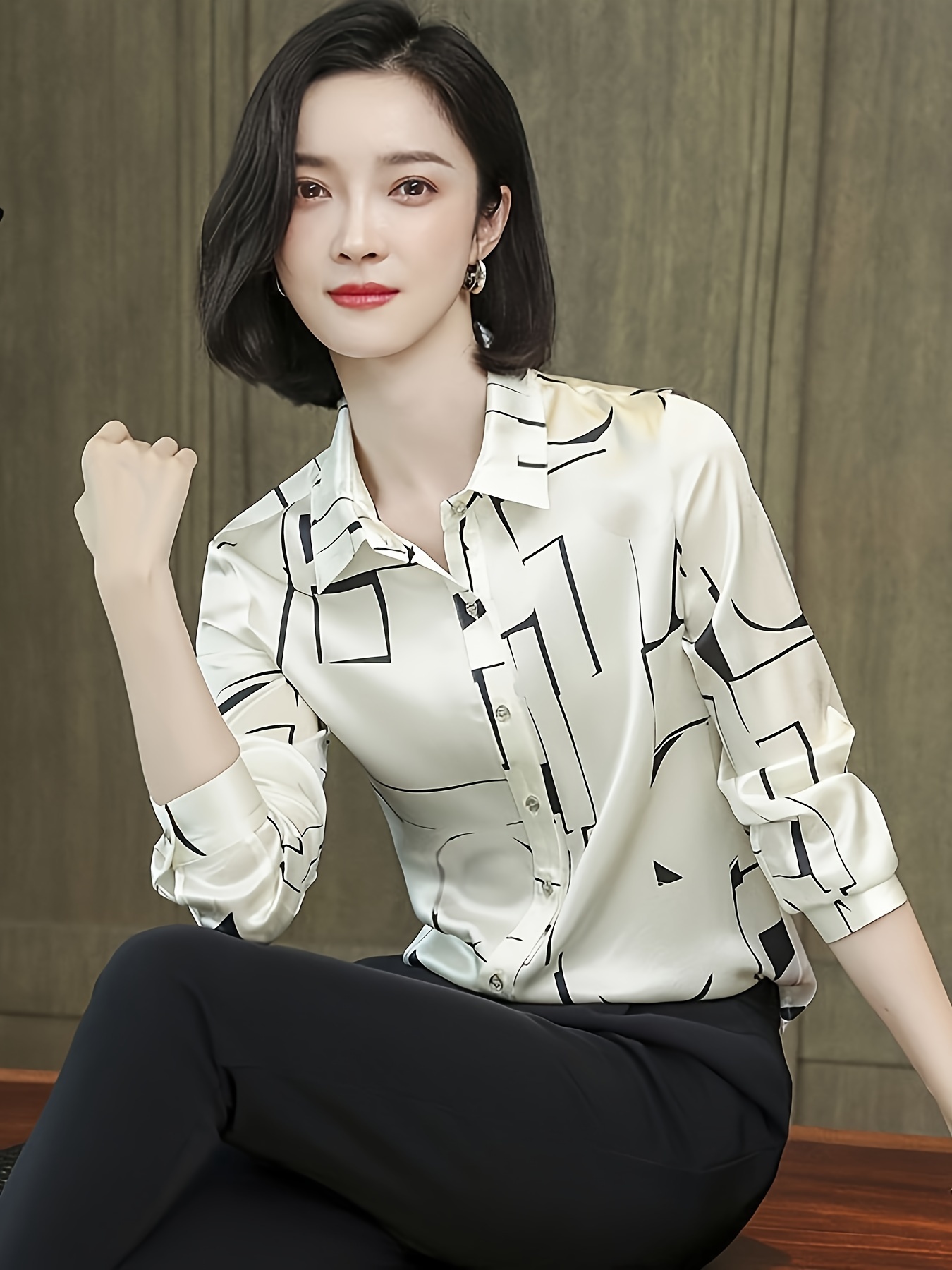 Elegante blusa suelta sólida, blusa de manga larga con solapa, blusas  elegantes y con estilo para la oficina y el trabajo, ropa de mujer