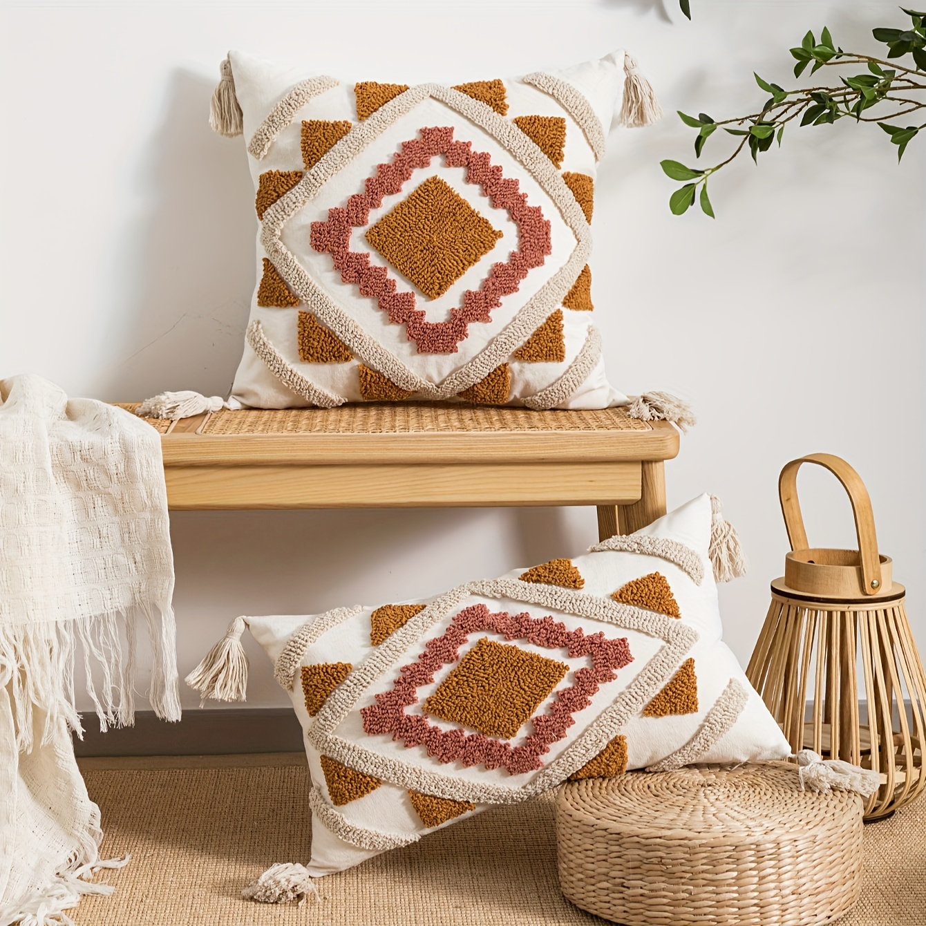 Decorative Pillows, Boho Throw Pillow Covers 18x18 inch Moroccan Rustic Neutral Handwoven Tufted Accents Pillows for Bedroom, Sofa, Chair, Living Room