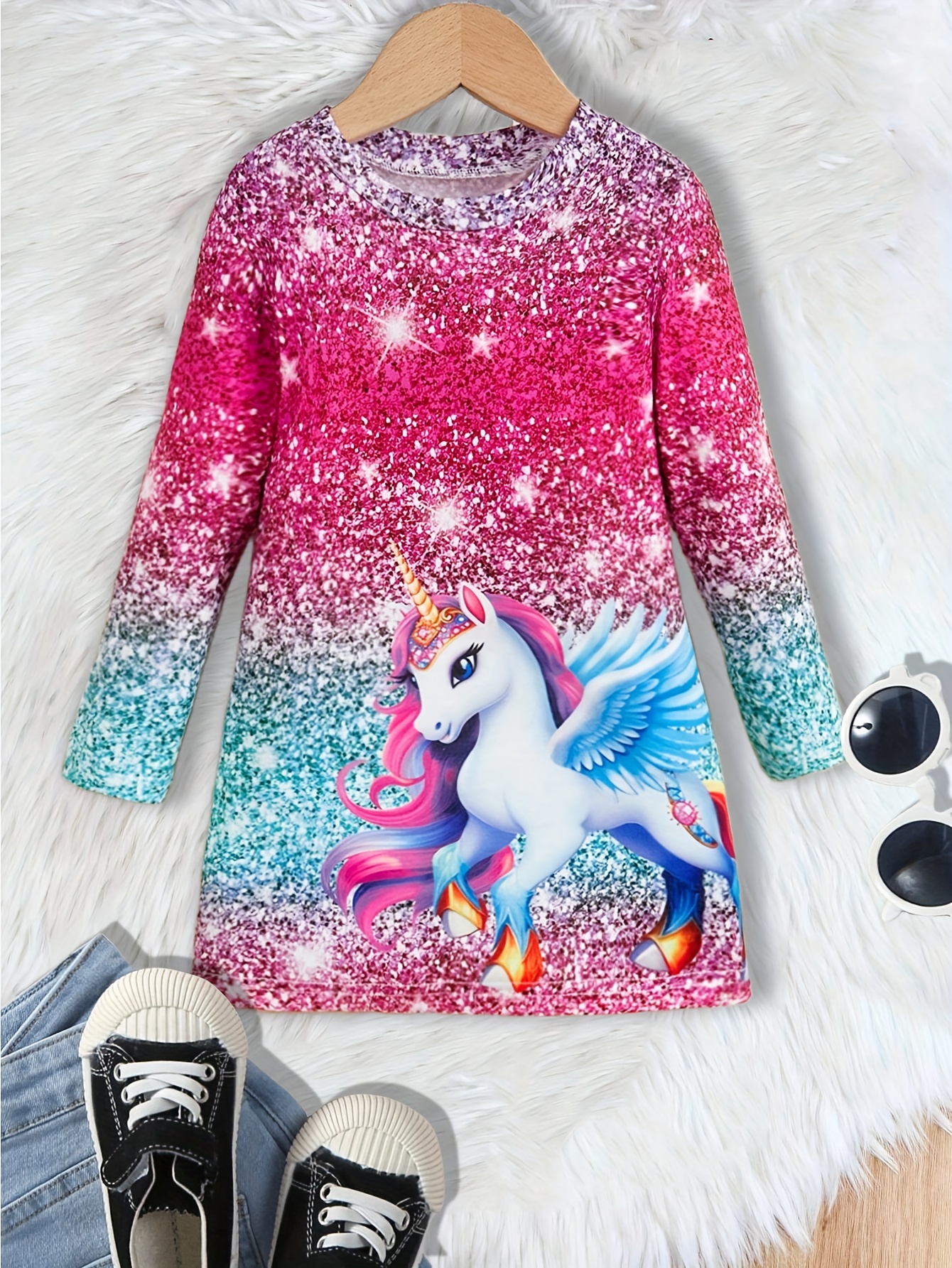 Trendy Girls 3pcs, Unicorn Print Ruffle Trim Top & Splicing Jogger Pants &  Rainbow Unicorn Bag Set Kids Clothes For Gift, Party, Birthday