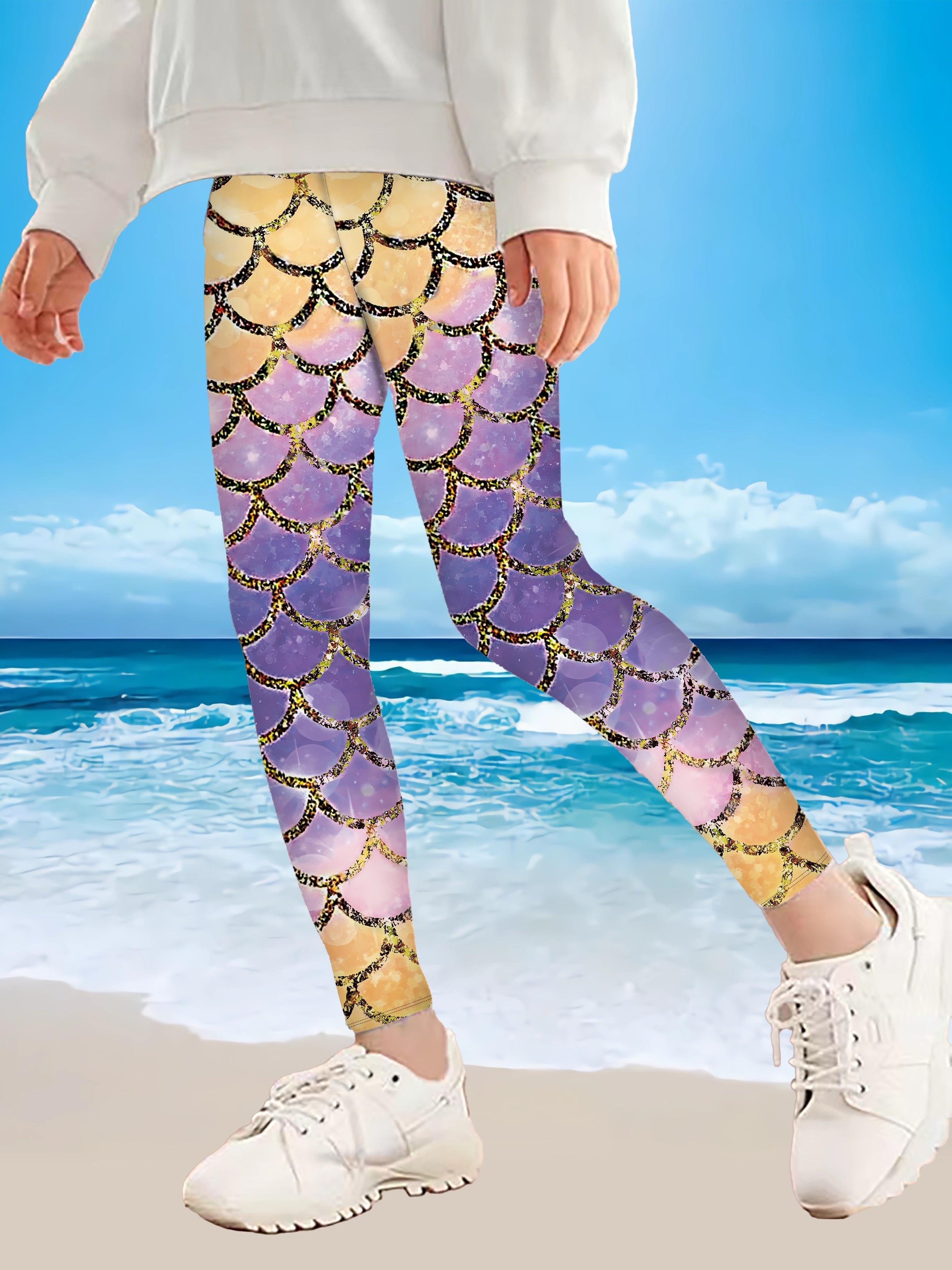 Fish Scale Print Leggings With Fins, Sports Workout High Waist Bodycon  Leggings, Women's Clothing