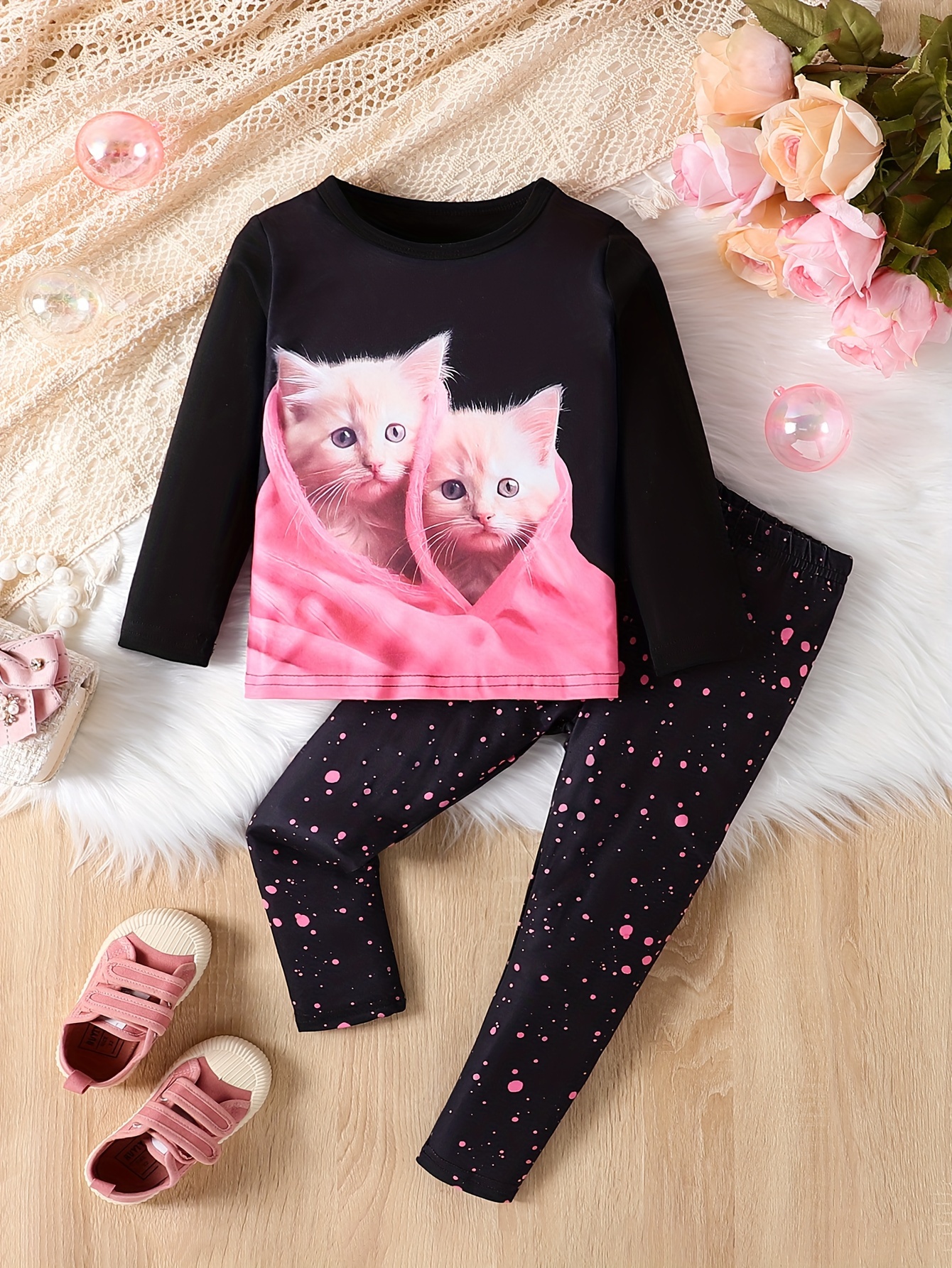 Girls 2pcs Lounge Wear Homewear Long Sleeve Top & Matching Pants Set With  Cat Print Kids Clothes Pajamas Set Spring Fall