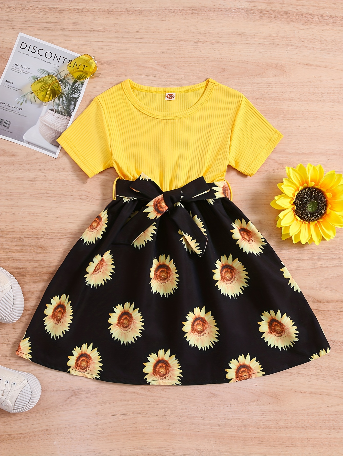 Toddler Girl Floral Sunflower Print Backless Crisscross Short-sleeve Dress