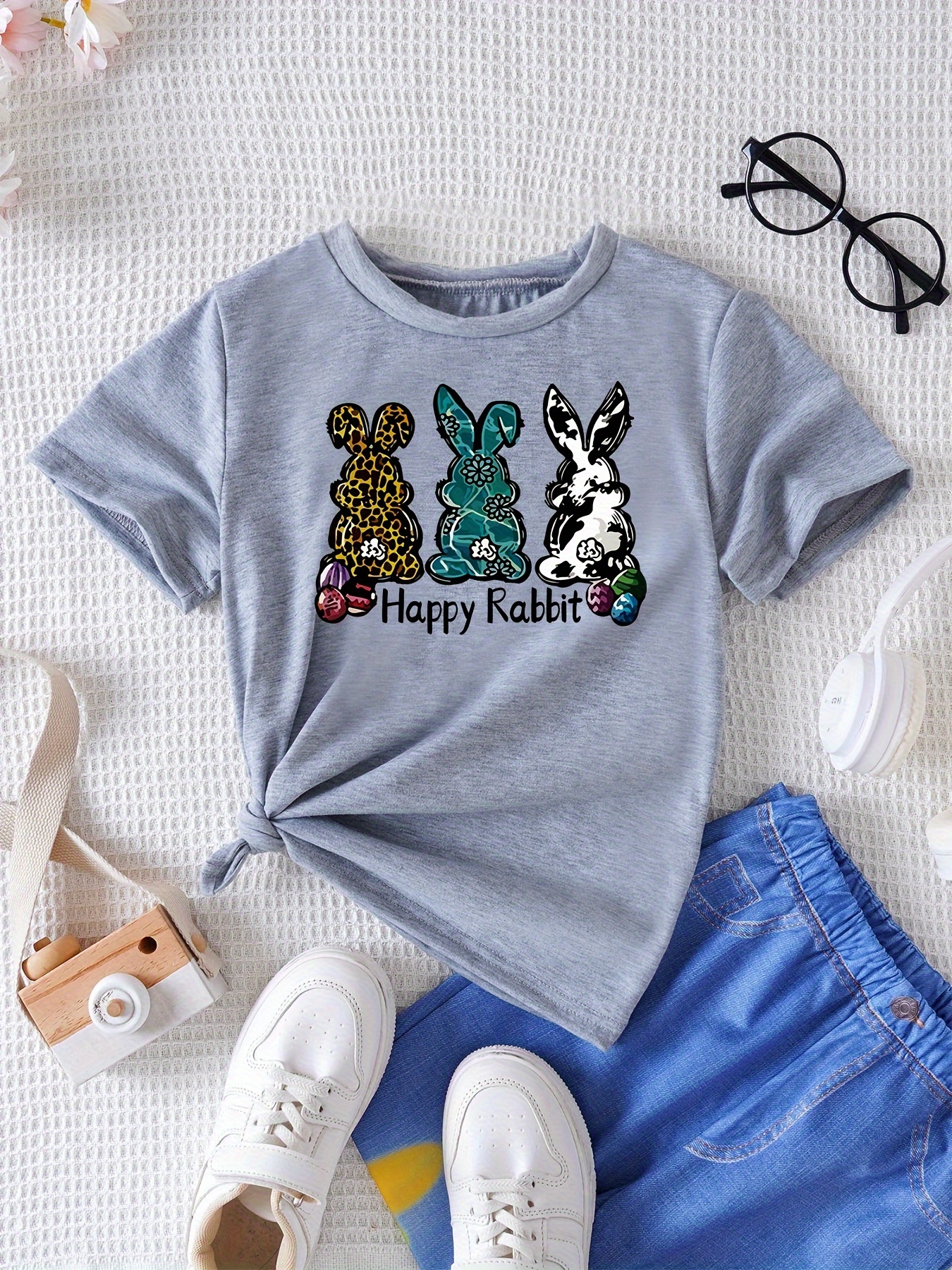 Toddler Baby Girls Easter Clothes Short Sleeve Bunny Print * Hem Top +  Flare Pants Set Kids Clothes