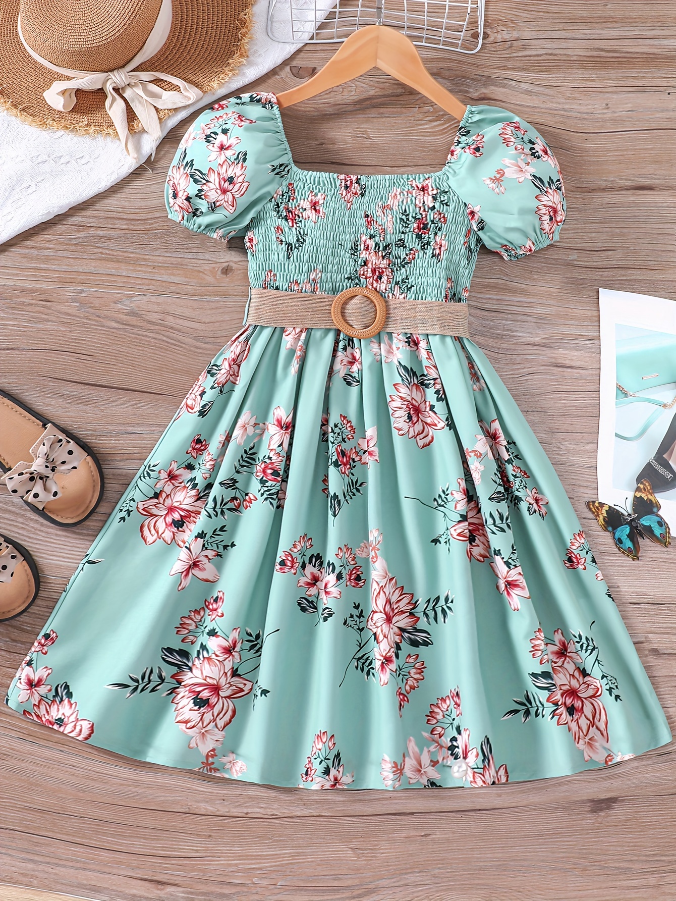 Elegant Cotton Dress Flower Embroidery Girls Flutter Sleeve - Temu