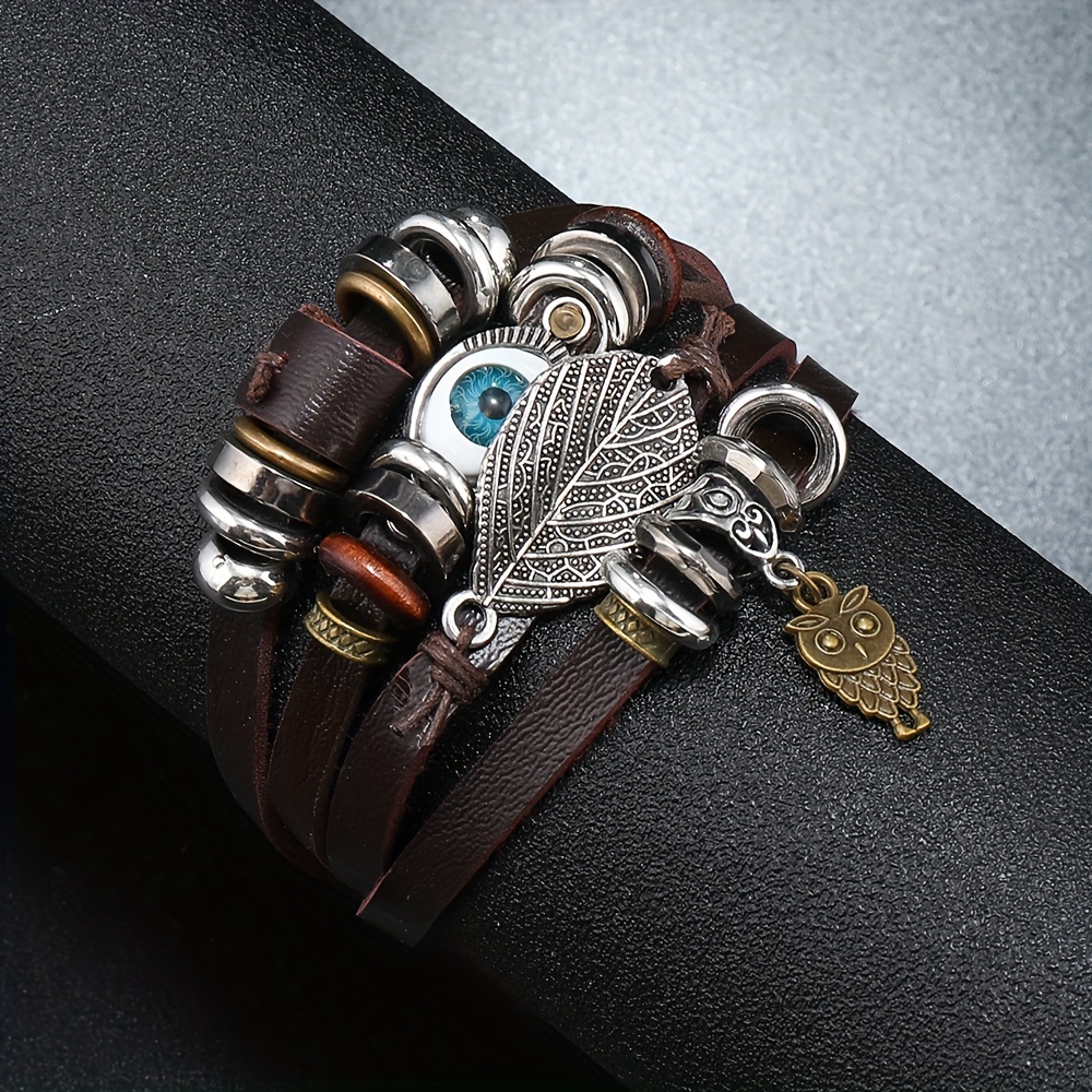 Vintage Owl Fish Bone Multilayer Leather Bracelet Men Fashion