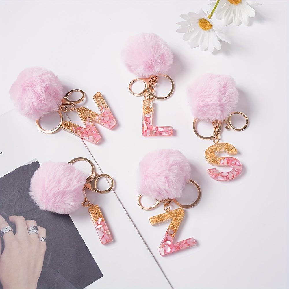 Pink Teal Keychain Pom Pom- Long lasting Resin Keychain Letter D Back Pack  Charm