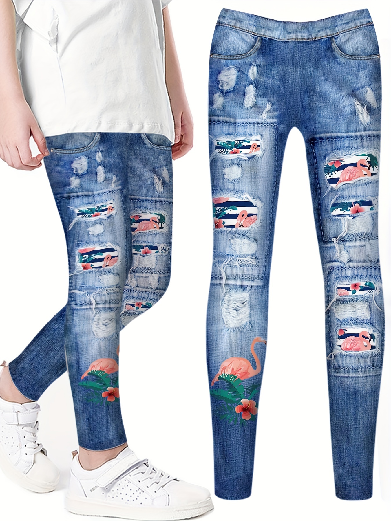 Denim Effect Print Drawstring Elastic Waist Leggings Casual - Temu United  Kingdom