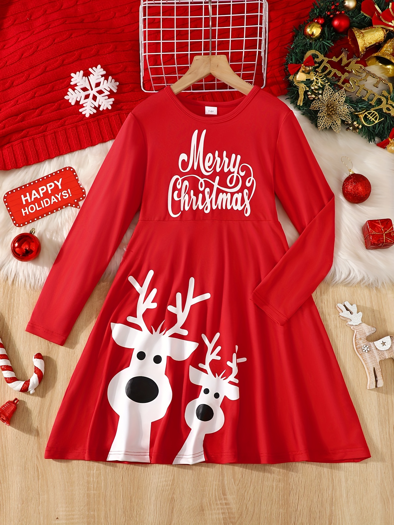 2pcs Girl's Trendy Christmas Outfit, Hoodie & Plaid Pattern Sundress Set,  MERRY CHRISTMAS Print Kid's Clothes For Spring Autumn