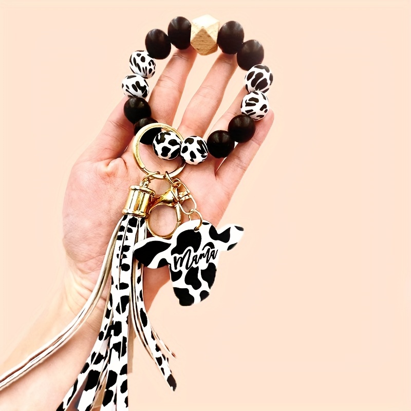 Silicone Beads Wristlet Keychain Pendant With Card Holder Cow Print Beads  Bangle Bracelet Keychain - Temu