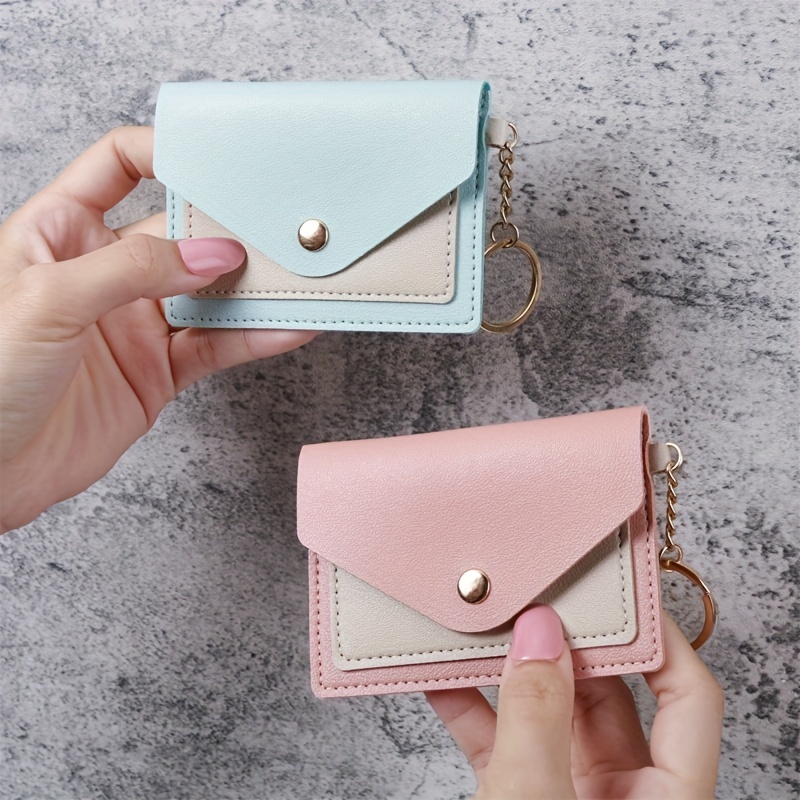 Women Slim Leather Card Case Holder Small Wallet Cute Coin Purse Girl Mini  Wallet with Keychain (Pink)