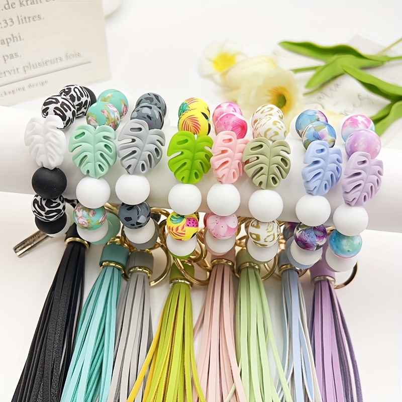 Acrylic Beads Wristlet Keychain With Woolen Tassel Bag - Temu