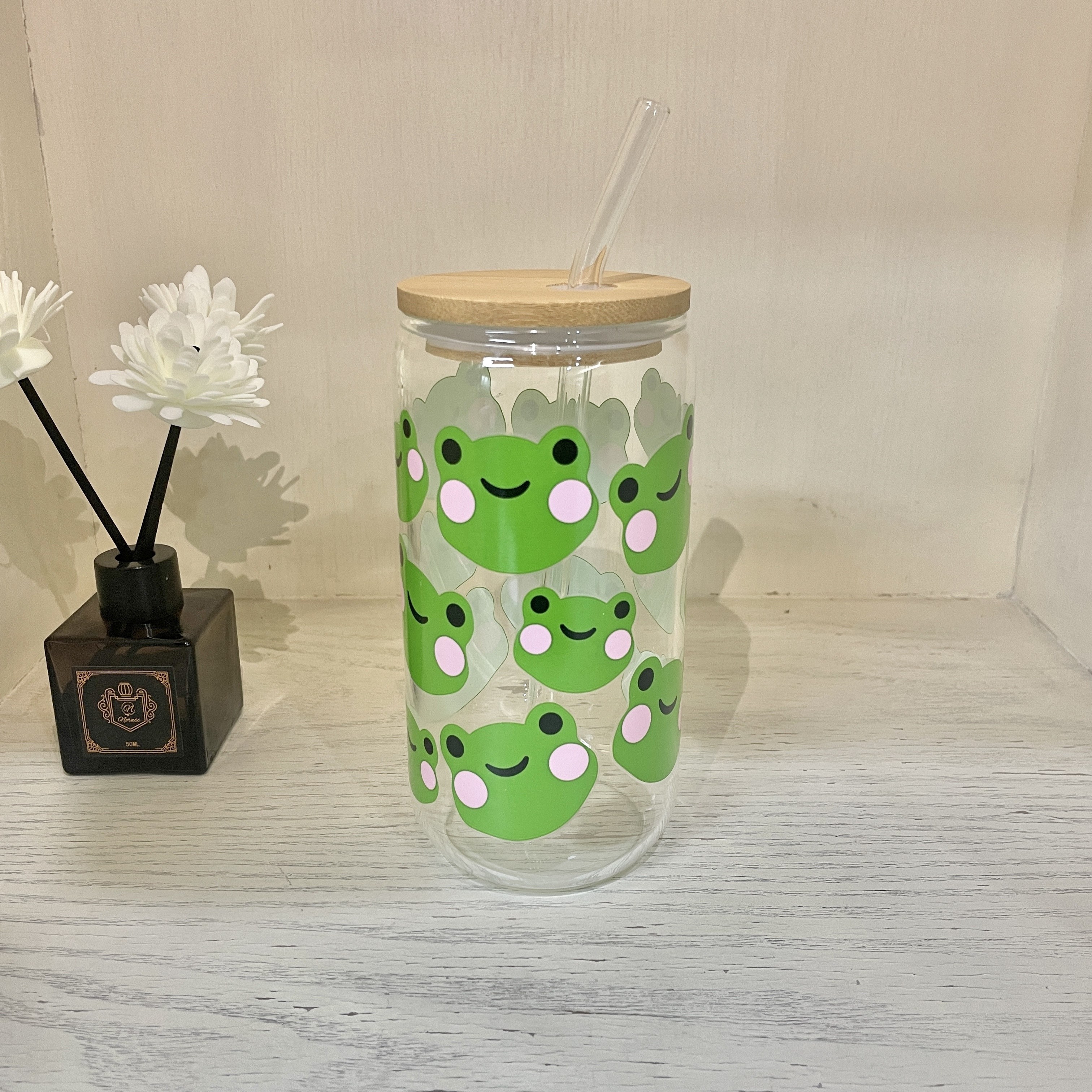 16oz, Juego de vasos de cristal (1 vaso de cristal + 1 tapa de vaso de  madera + 1 pajita transparente + 1 cepillo para pajita + 1 posavasos) para  rest