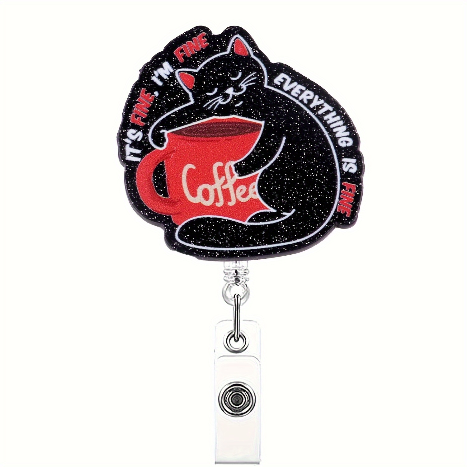 It'S Fine Retractable Silver Glitter Badge Reel With Clip, Funny Black Cat  ID Card Badge Holder Gift For Nurses Doctors Office Worker Social Worker  Cat Lover Colleague Boss