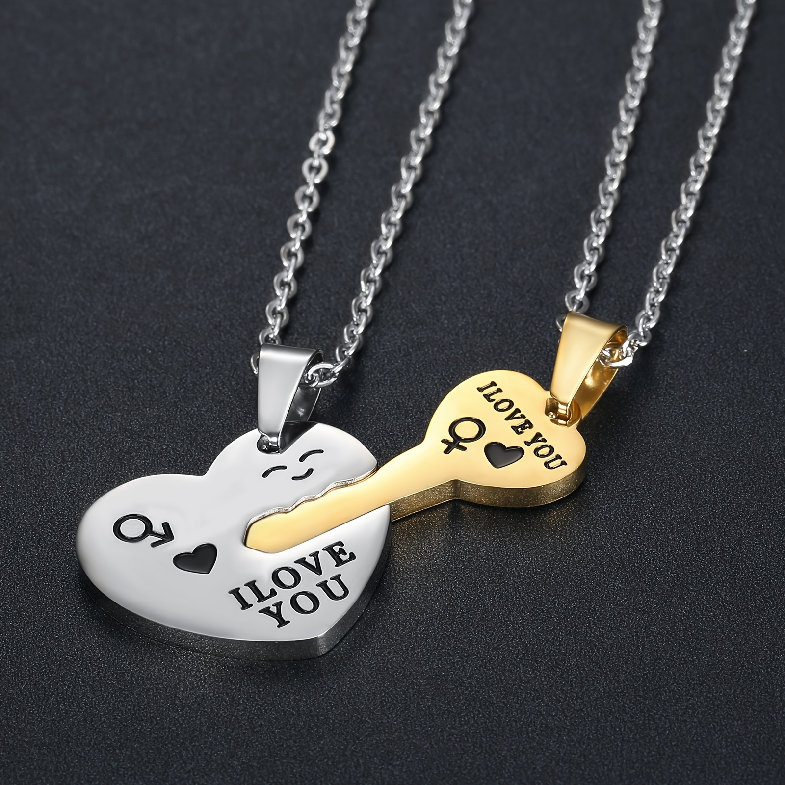 Stainless Love Heart Crown Lock and Key Pendant Necklace Set, 100 Languages  I Love You Couples Projection Jewelry