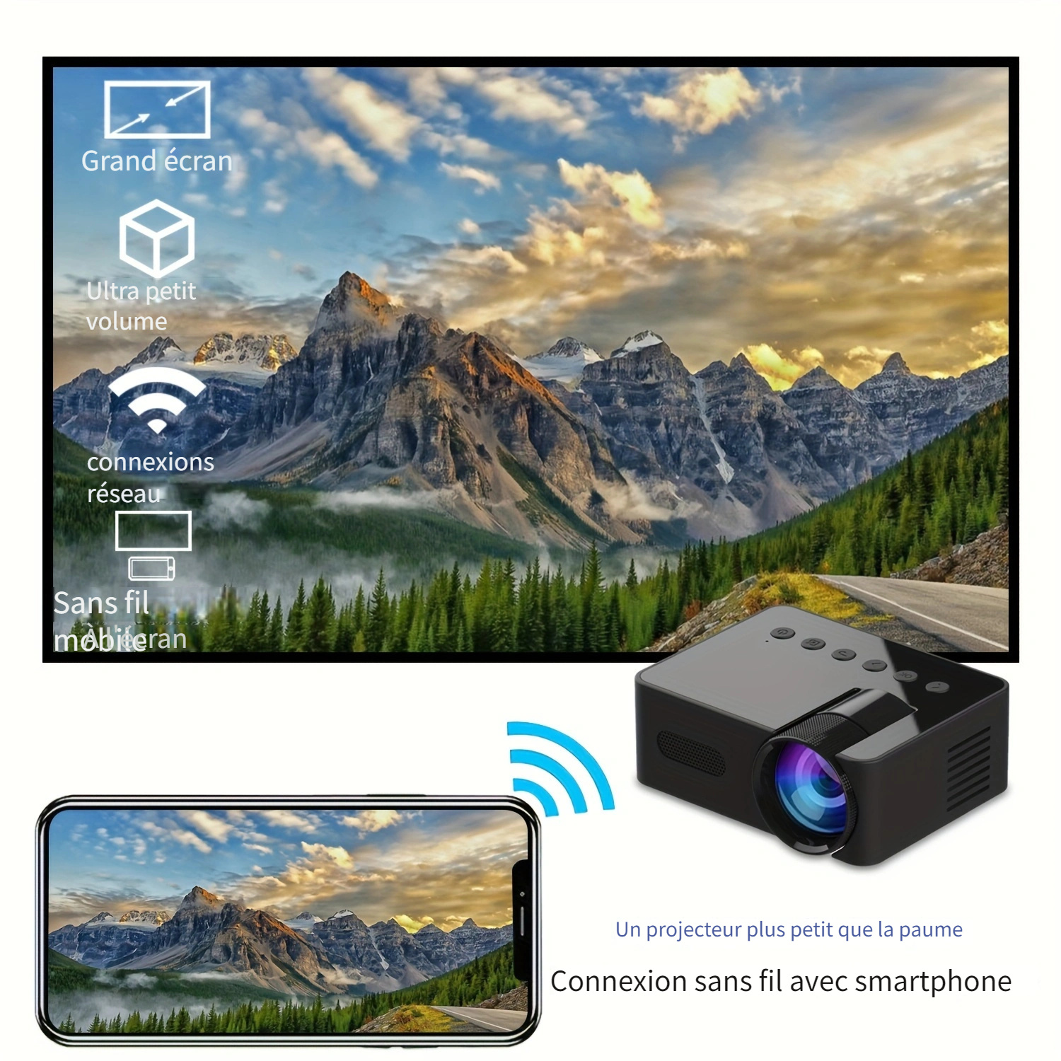 Projecteur Sans Fil Voyage Camping 1080P Projecteurs Portable 2.4G