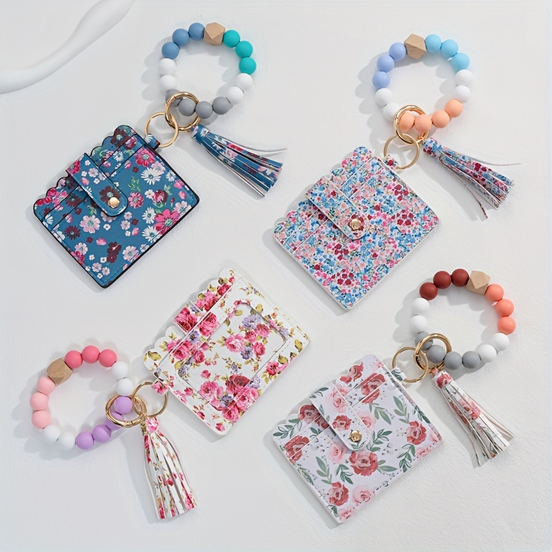 1pc Fashionable Floral Printed Anti-lost Wrist Strap With Keychain