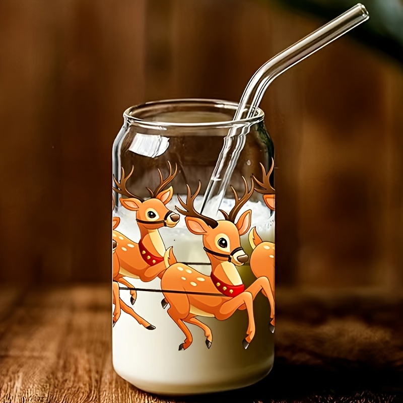 Snowflake Elk Drinking Glass With Bamboo Lid And Straw High - Temu