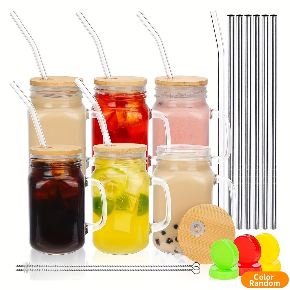 500ml 700ml Wide Mouth Glass Mason Jar with Handles Straws and Lids,Juice  Glass Bottle