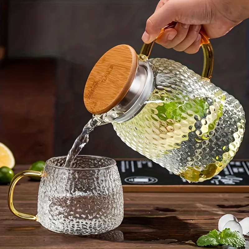 Recipientes de vidrio con tapas Brita jarra de vidrio con tapa de madera,  jarra de vidrio para nevera de agua con asa para bebidas frías calientes