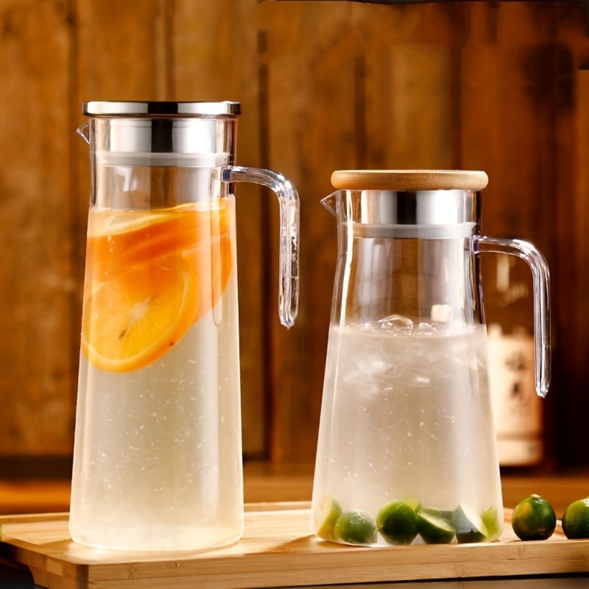 1800ml Heat Resistant Water Jug Glass Pitcher with Stainless/wood Lid and  Pouring Spout Serving Carafe