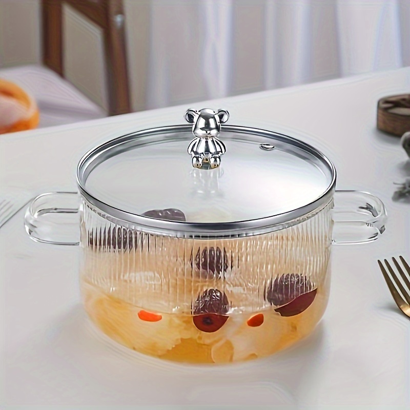 Glass Cooking Pot 1.7L Transparent Glass Cooking Pot With Bear Lid Home  Heat-Resistant Glass Cookware Stovetop Cooking Pot