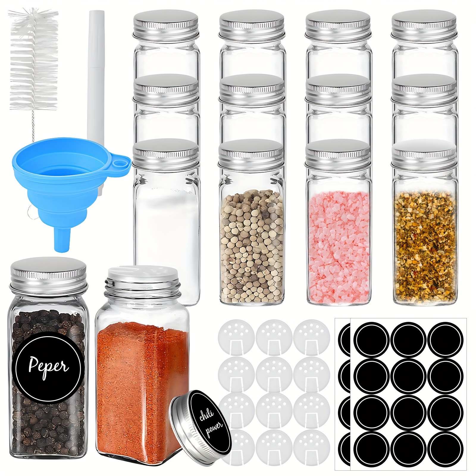 CUCUMI 48pcs Glass Spice Jars with Labels, 4oz Empty Square Spice Bottles  with Shaker Lids, Black Airtight Metal Caps Collapsible Funnel Chalk Pen