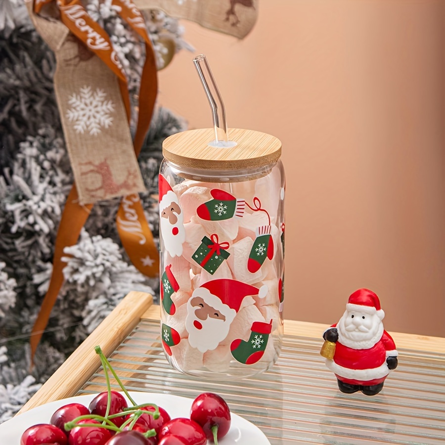 Ice Coffee Cup With Bamboo Lid And Glass Straw Santa Claus - Temu